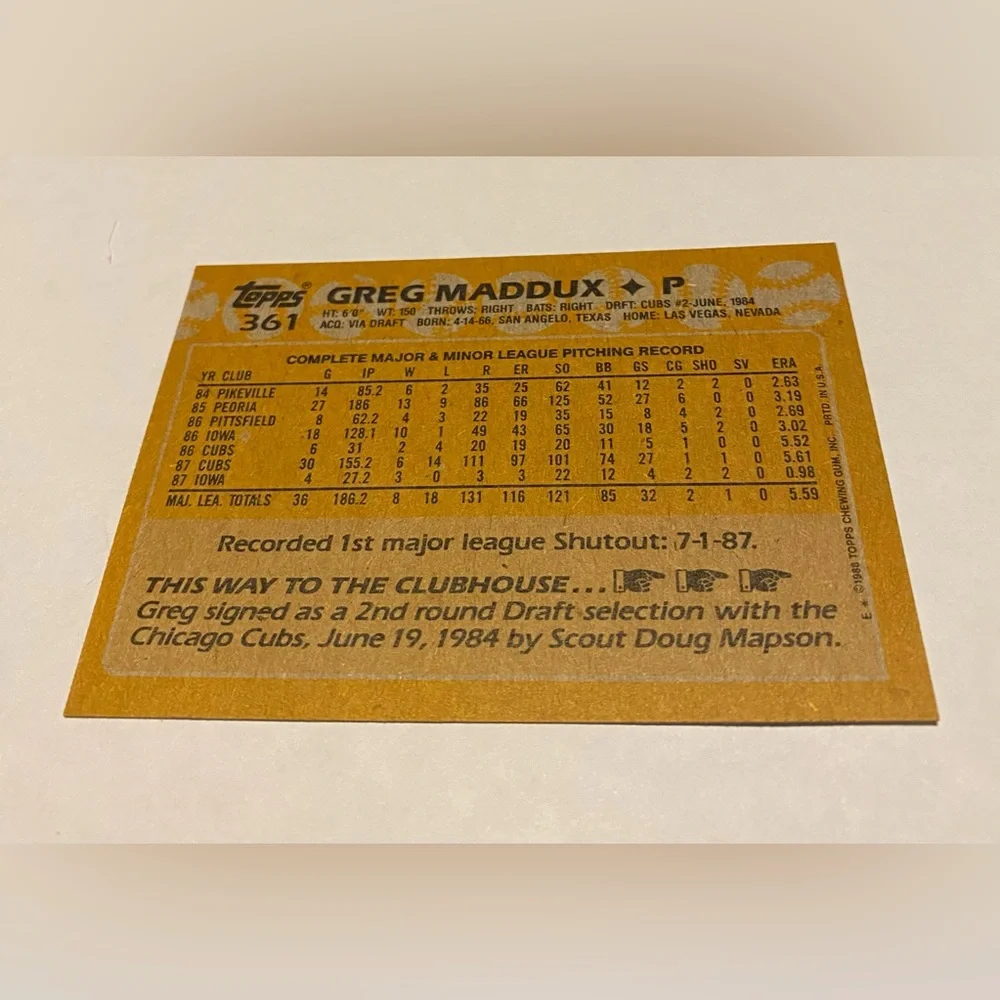 Greg Maddux 1988 Topps Baseball Card # 361 Chicago Cubs Vintage