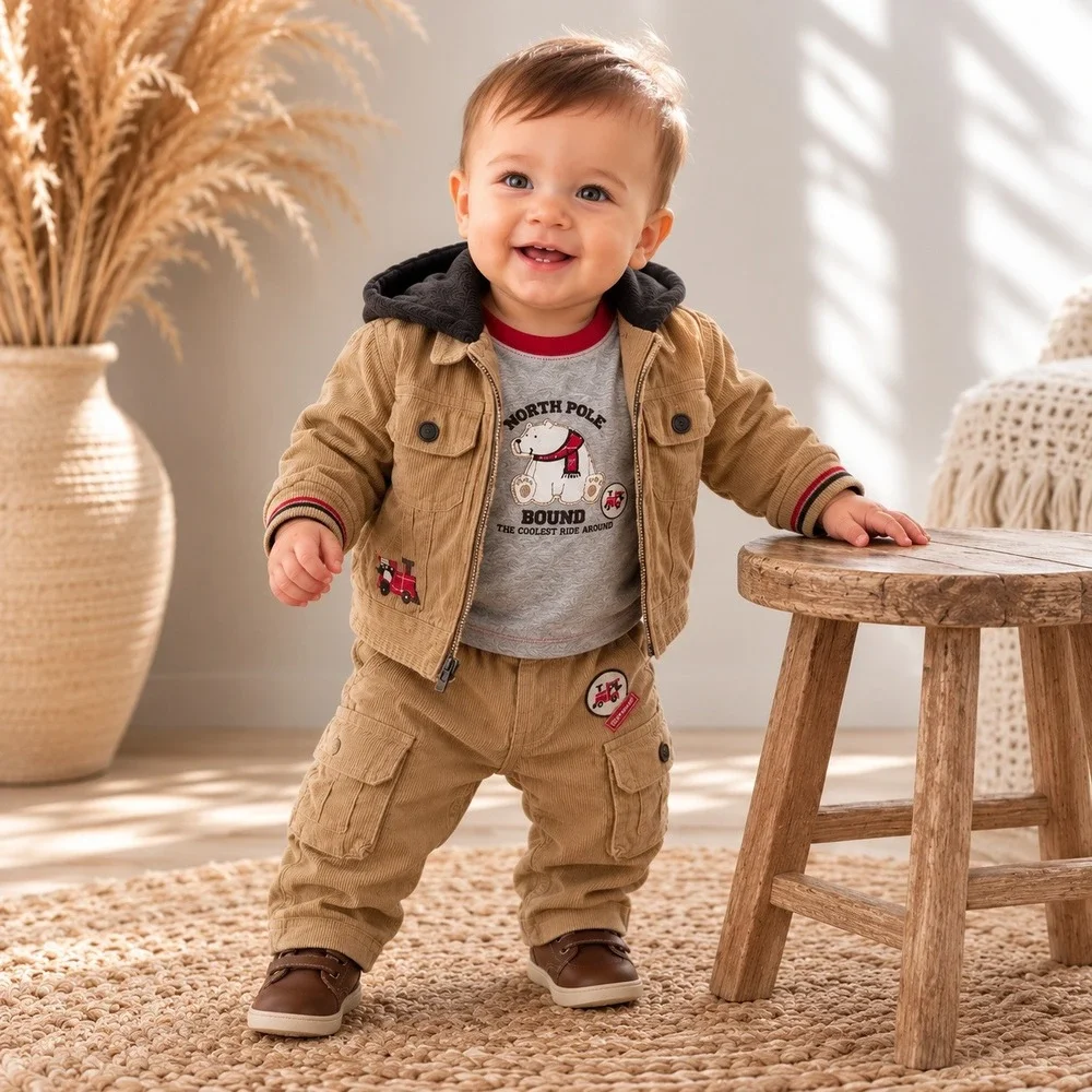 Vintage Y2K Carters Train Corduroy Pants Hooded Jacket Outfit Set Boys Tan 12M