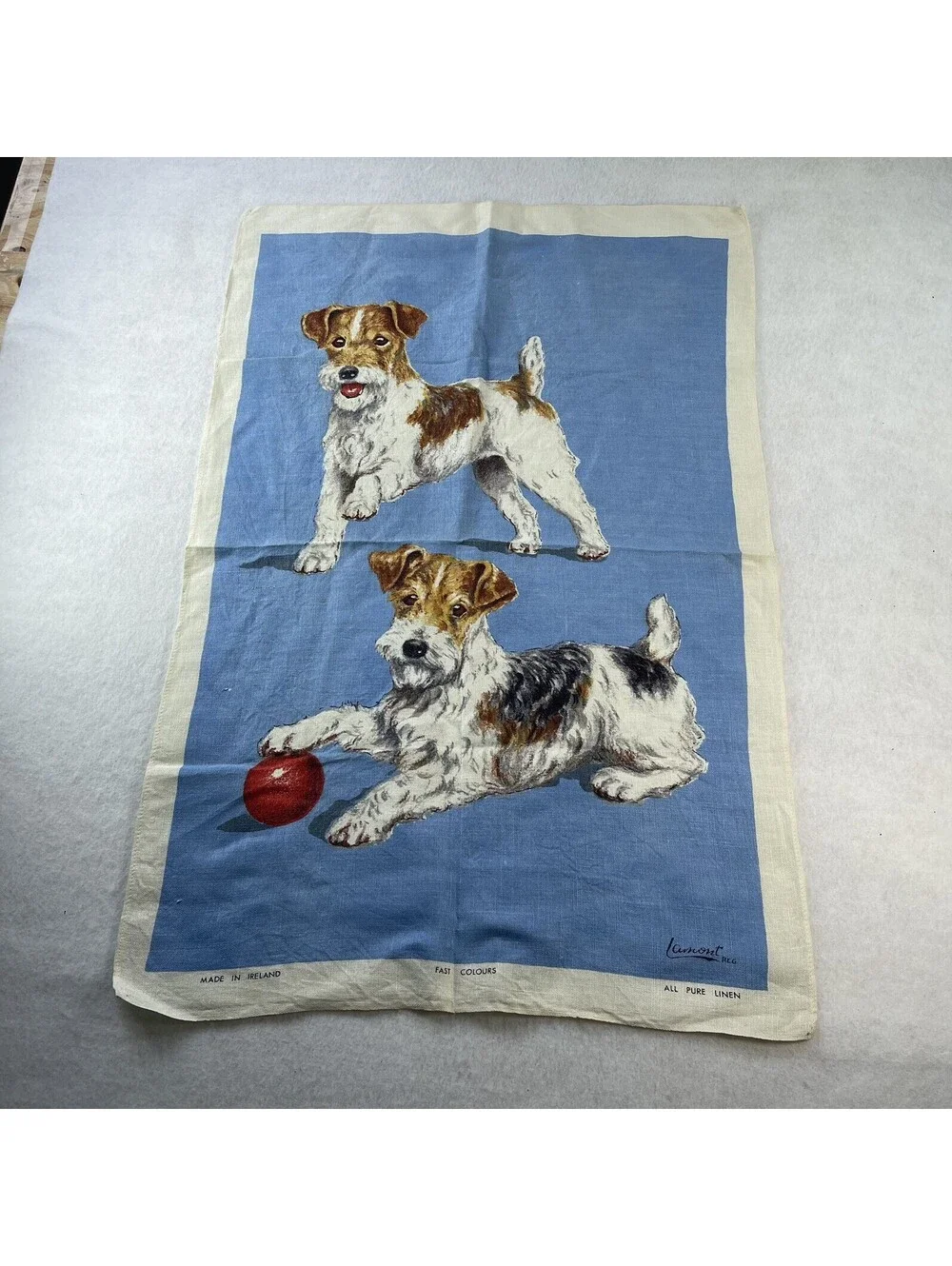 Vintage Irish Linen Tea Towel Dogs Russell terrier Made in Ireland
