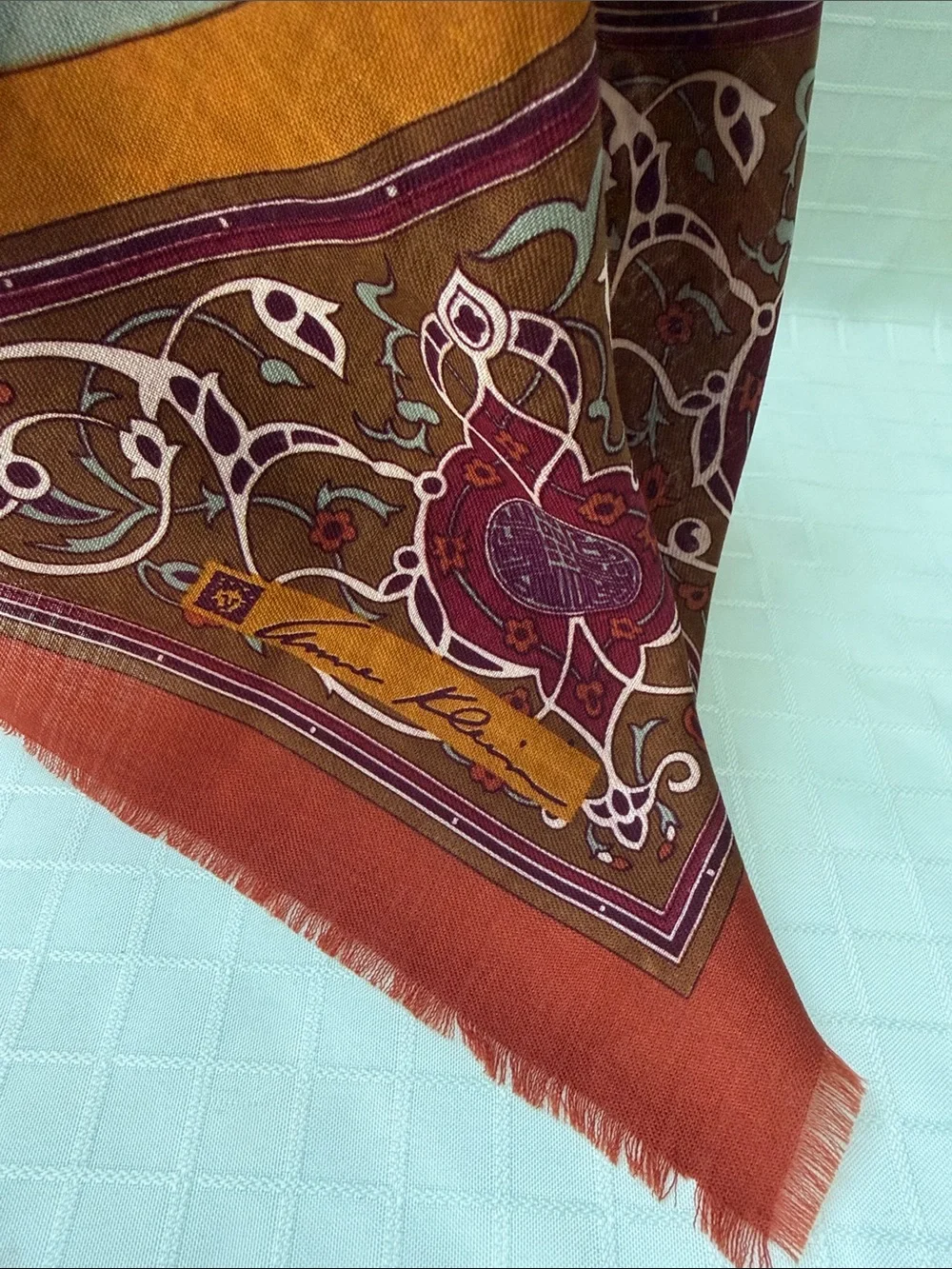 Vintage Anne Klein Wool Scarf in Sage, Rust & Mustard