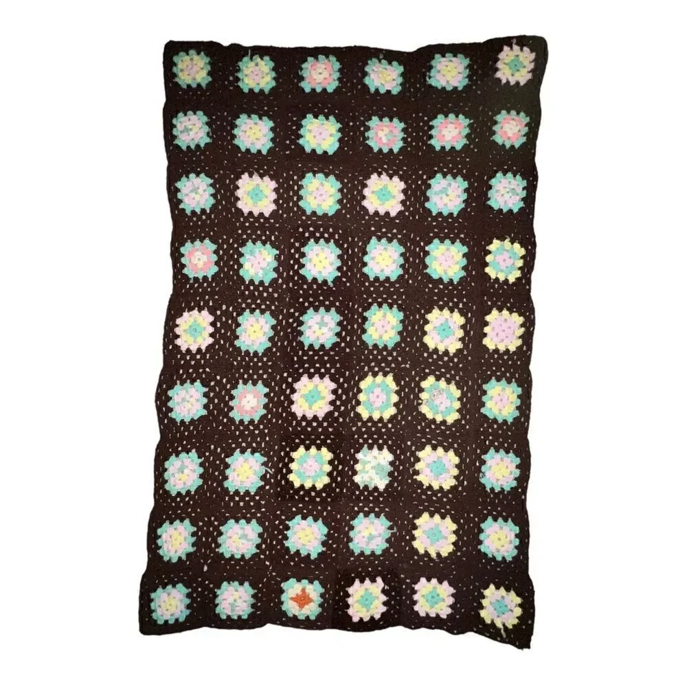 Vintage Handmade Brown Multicolor Granny Square Crochet Blanket Throw Afgan EUC