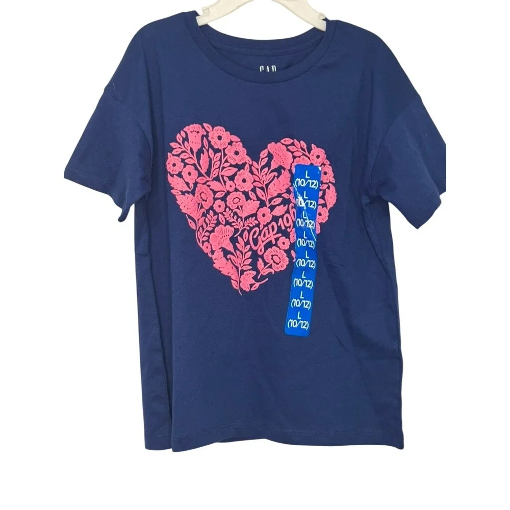 GAP Kids Girls‎ Top Size L (10/12) Navy Blue Floral Heart Graphic Tee NWT