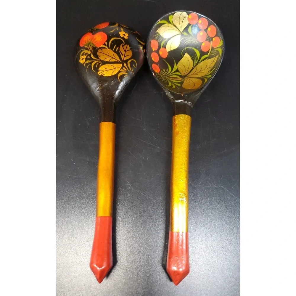 Russian Khokhloma Spoons, Set Of 2. ‎ 7 & 5/8