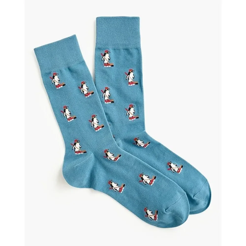 J.Crew Men’s Hockey Penguin Socks Bermuda Blue One Size Cozy Cotton Blend, New