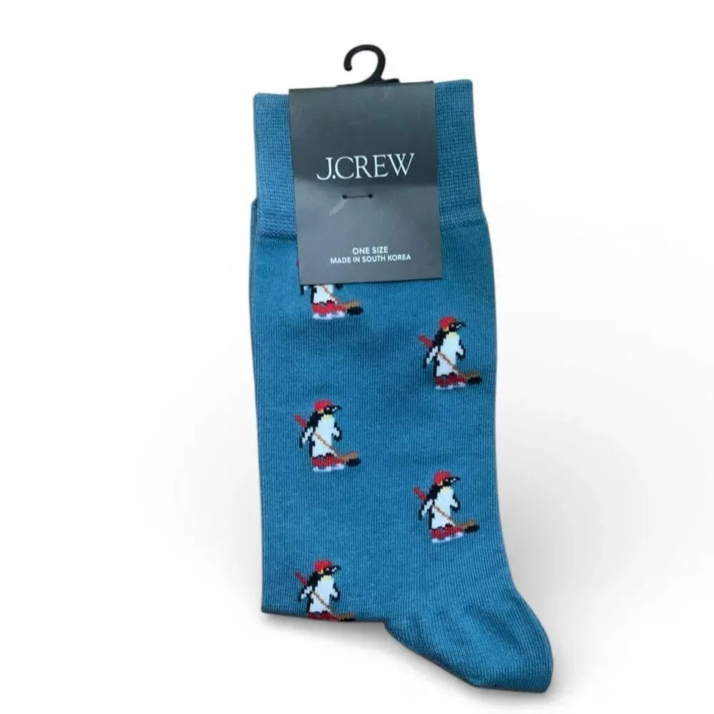 J.Crew Men’s Hockey Penguin Socks Bermuda Blue One Size Cozy Cotton Blend, New