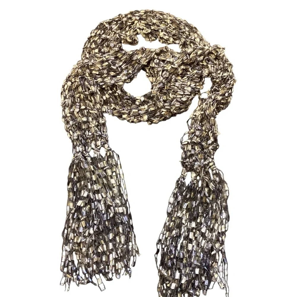 Handcrafted Fancy Ribbon Knit Fringe Scarf Gold, Brown, and Silver Stretch Boa‎