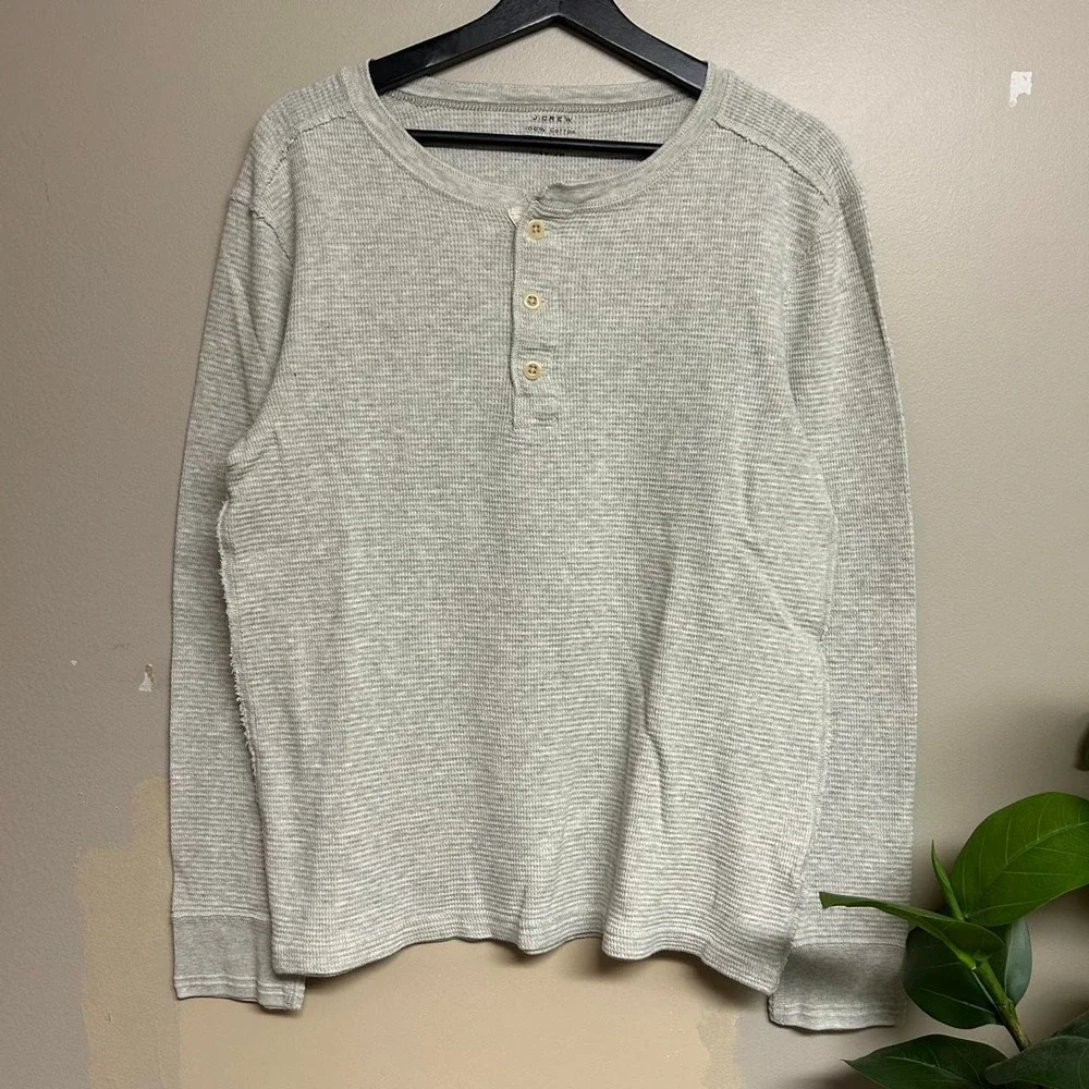 Vintage J. Crew Grey Waffle Knit Henley Thermal Shirt Mens Medium Y2K 2000s