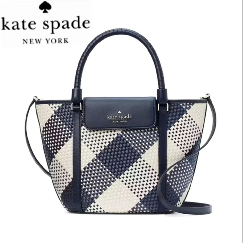 NWT KATE SPADE CRUISE GINGHAM MEDIUM TOTE BLAZER BLUE STRAW/LEATHER SHOULDER BAG