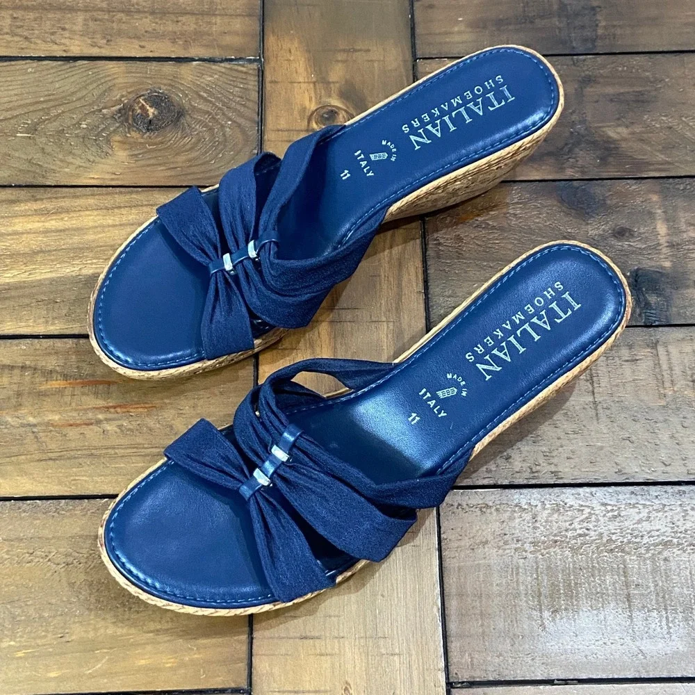 Italian Shoemakers Navy Blue Wedge‎ Sandals Knotted Strap Slides Womens 11 Italy