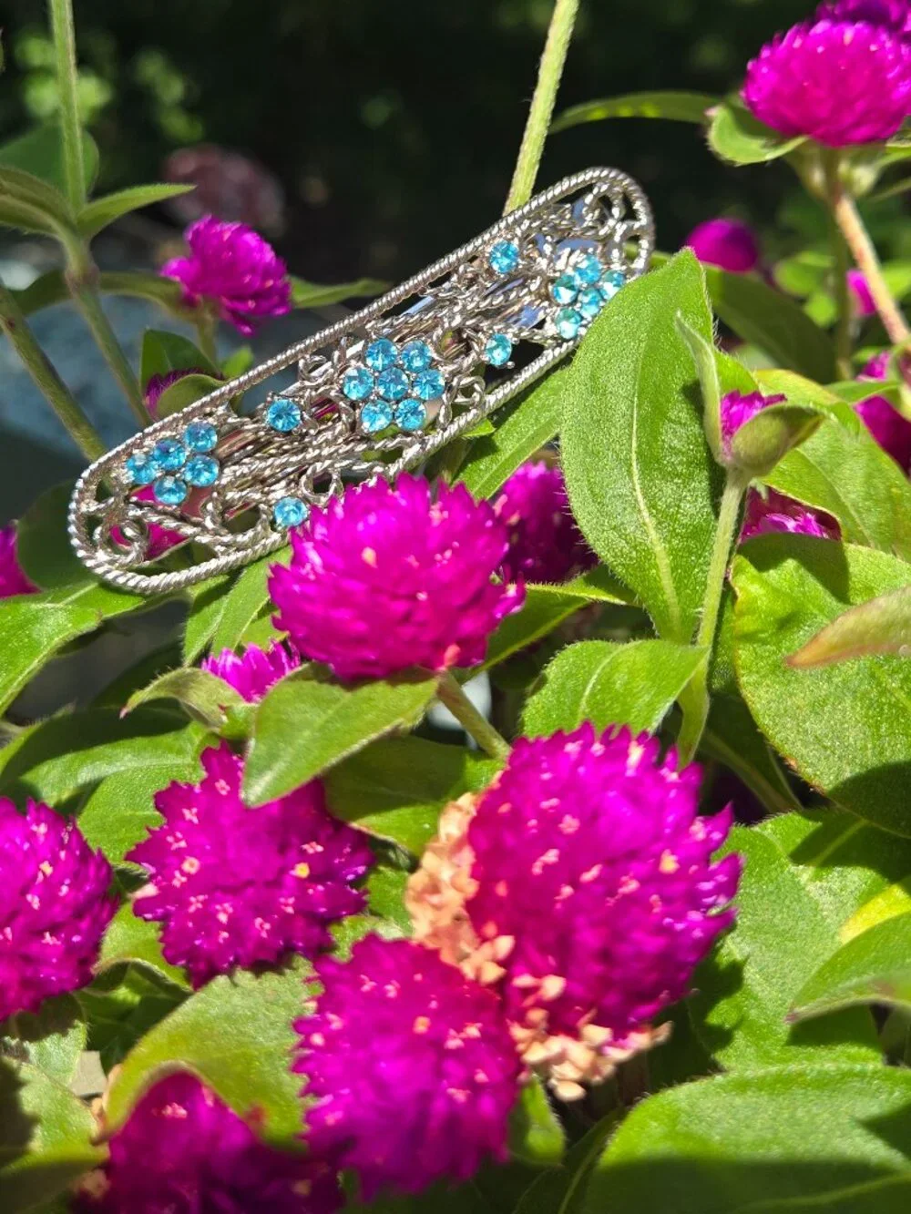 Something Blue Rhinestone Hair Clip - Vintage Silver & Blue Floral Bridal Barret