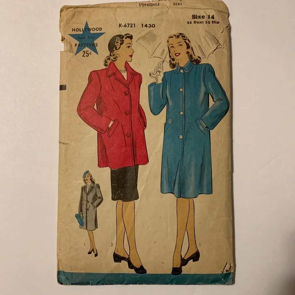 Hollywood Vintage Pattern #1430 Women's‎ Overcoat/Raincoat Sizes 12-20
