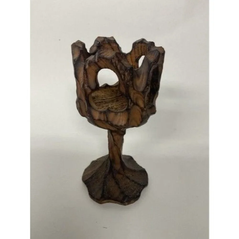 VTG Chine SE Crude Gothic Burnt‎ Wood Carved Goblet/Candle Holder 6” Taiwan