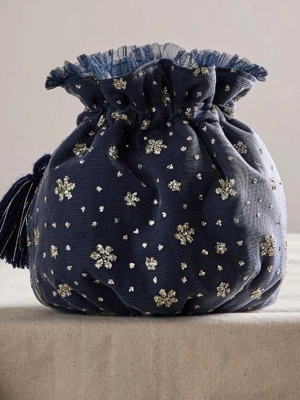 Free People Mini Drawstring Bag Women’s Makeup Travel Gift Pouch Blue Sparkle