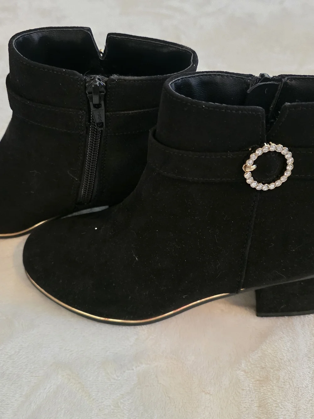 Black Children's Place Ankle Boots with Decorative Rhinestone Ring