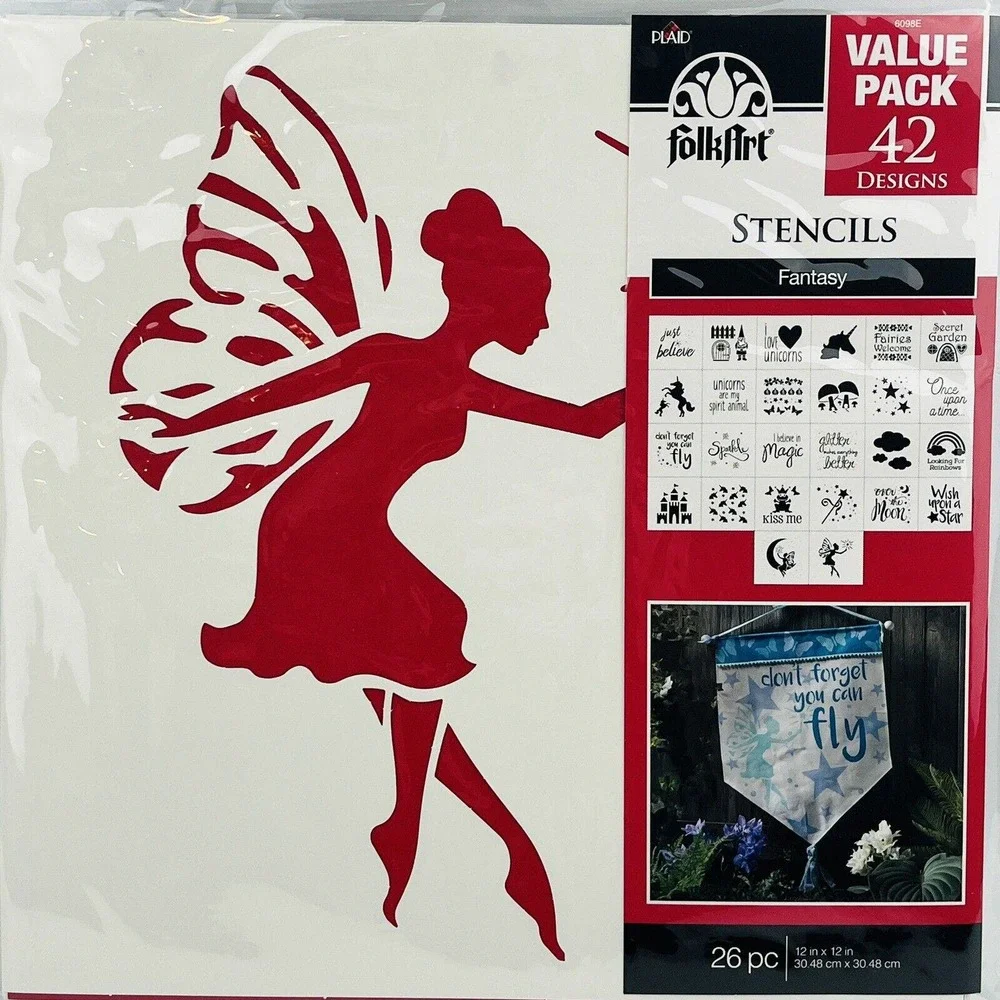 FolkArt Fantasy Stencils 26 Piece‎ Value Pack 42 Designs Unicorn Fairy Gnome
