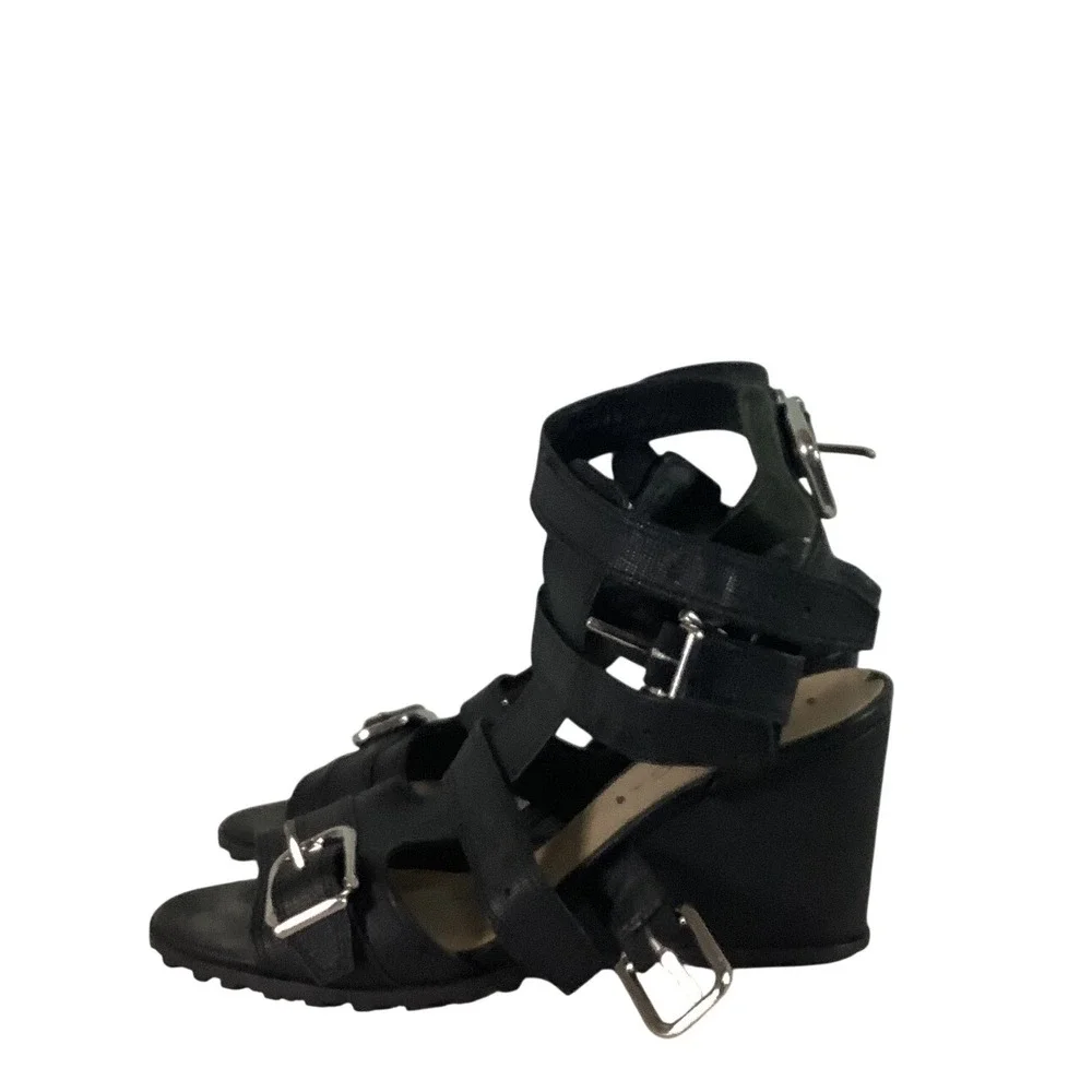 Via Spiga Black Strappy Buckle Wedge Sandals Lug Sole Gladiator Heels Size 6.5
