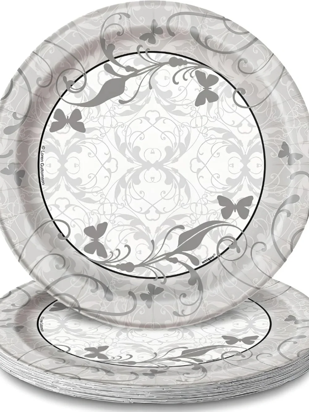 Victorian Wedding Dessert Plates, Elegant Gray Butterfly 7-Inch Paper Plates 8ct