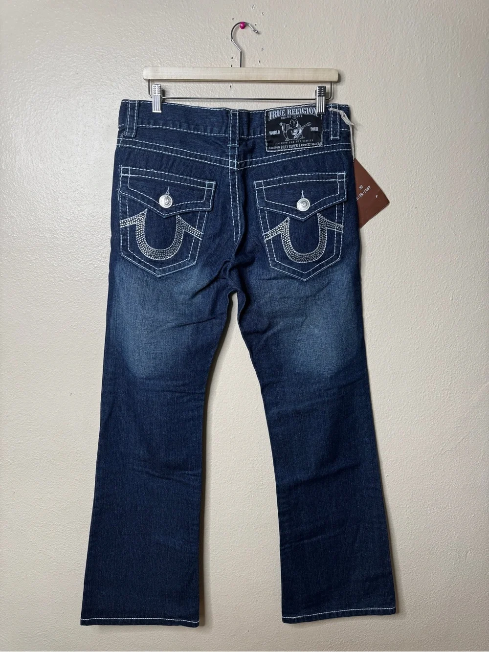 True Religion Womens Size 32X34 Billy Super T Bootcut Jeans Rhinestone Dark Wash