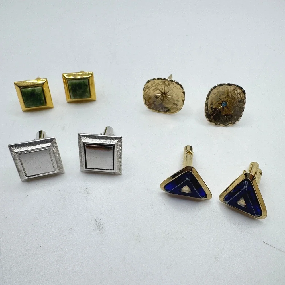 Vintage Mens Cufflink Lot 4 Pairs Geometric Square Starburst Blue Green Goldtone