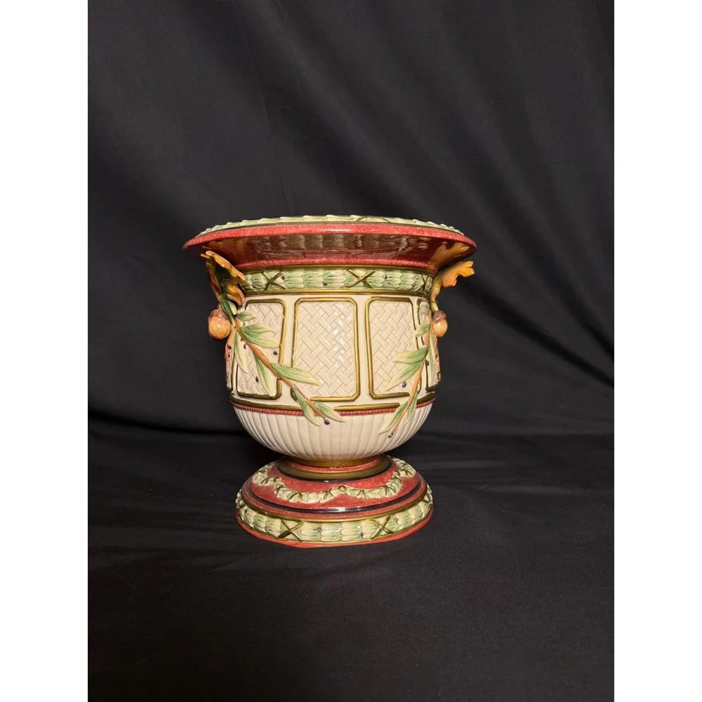 Fritz‎ & Floyd Urn Home Decor Large Cream Red Good Acorn Oak Leaf Majolica