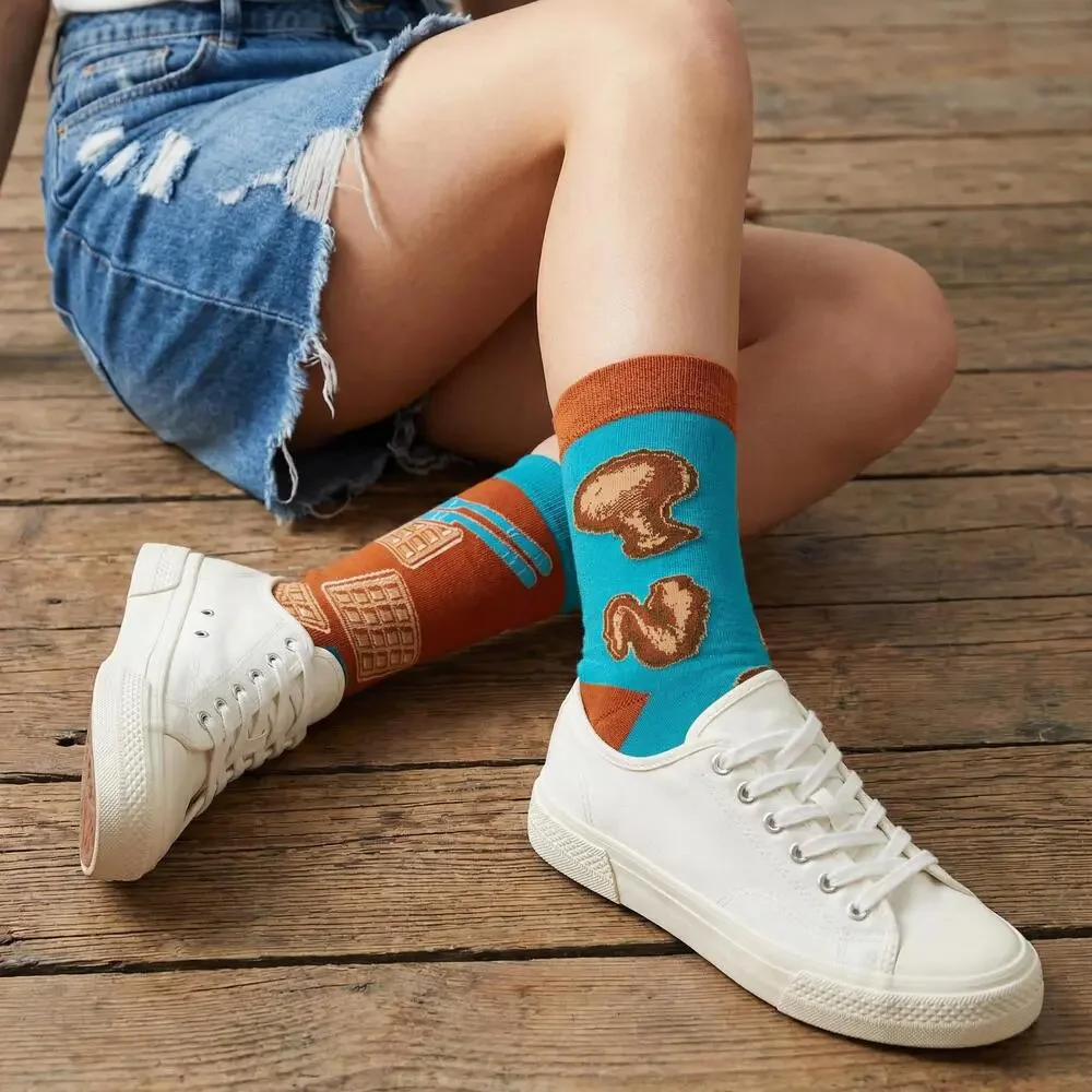 Chicken And Waffles Socks 🐔🧇 | Mismatched Unisex Cotton Socks