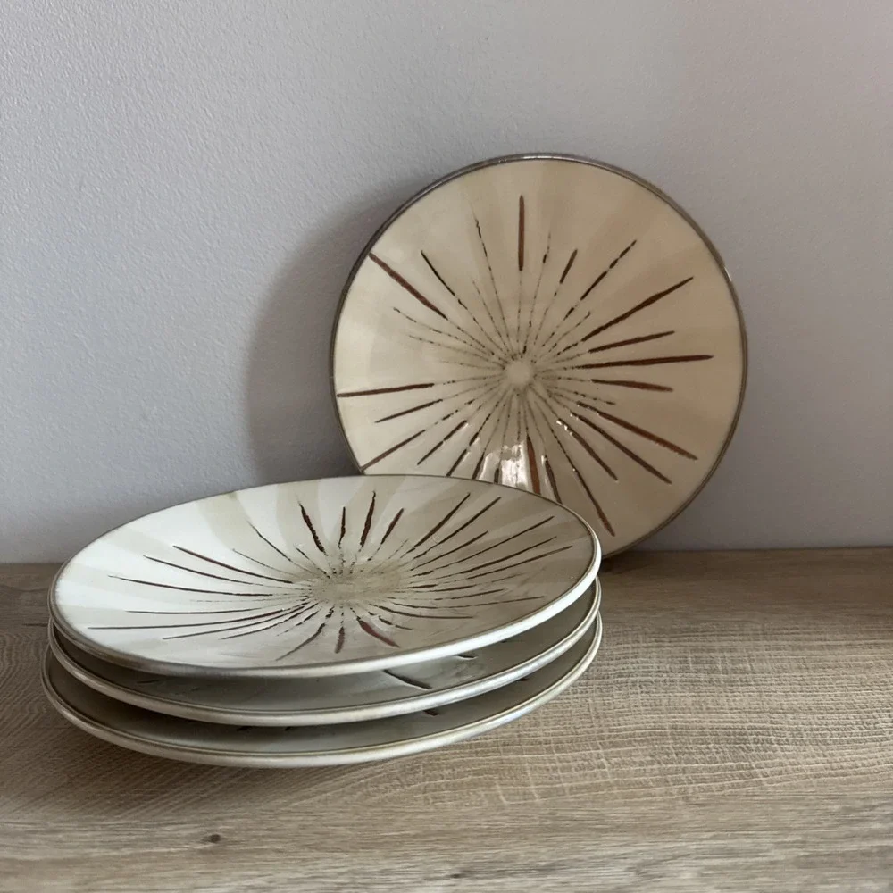 Pier 1‎ Plates Sanctuary Stoneware Beige Brown Starburst Salad Dessert Lot Of 4