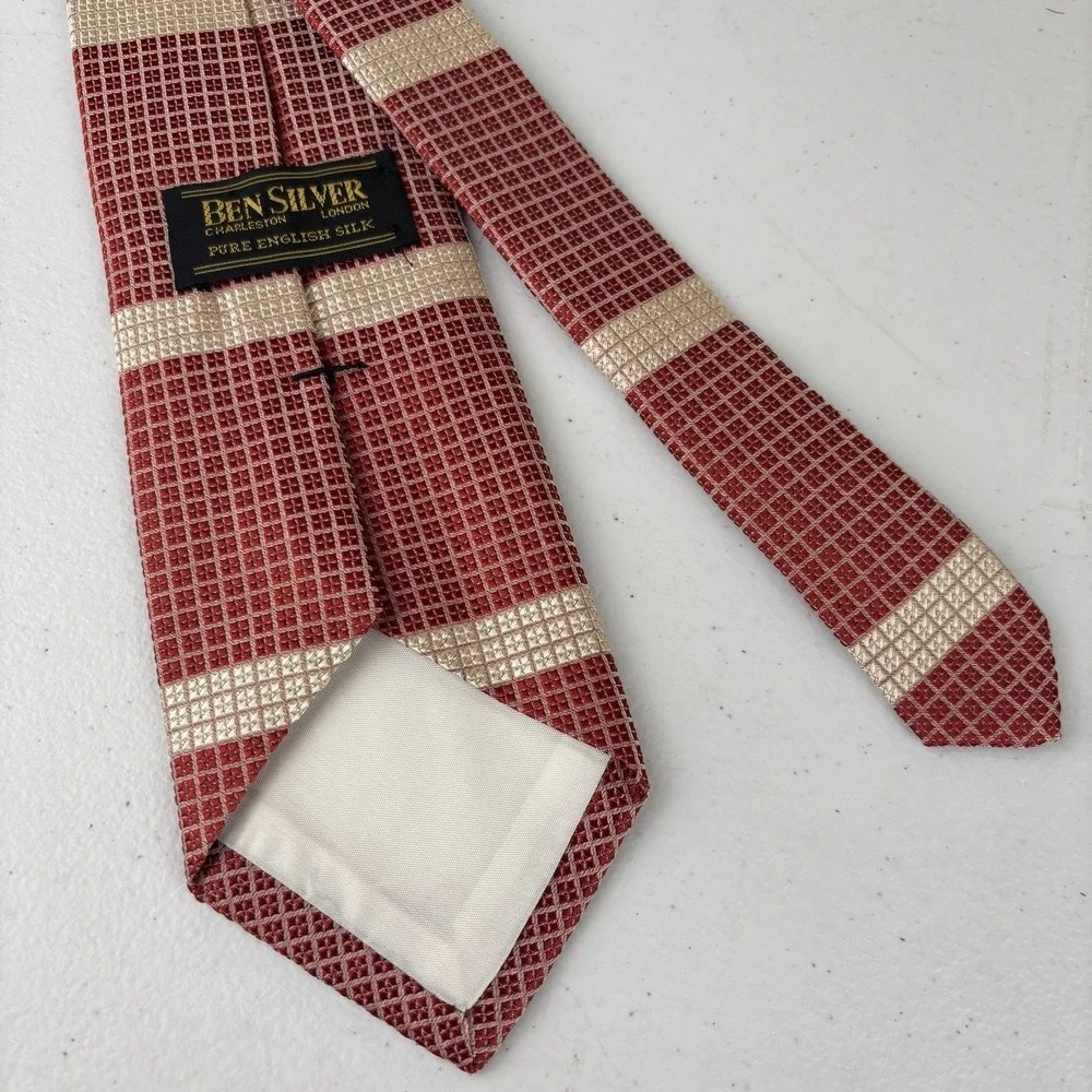 Ben Silver Charleston English Silk Tie‎ Necktie Burgundy Beige Stripe Geometric