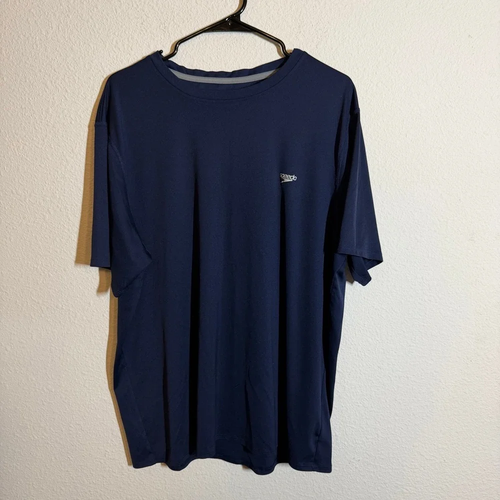 Speedo Mens Navy Blue Swim Shirt Rash Guard XL Short Sleeve Performance Tee‎