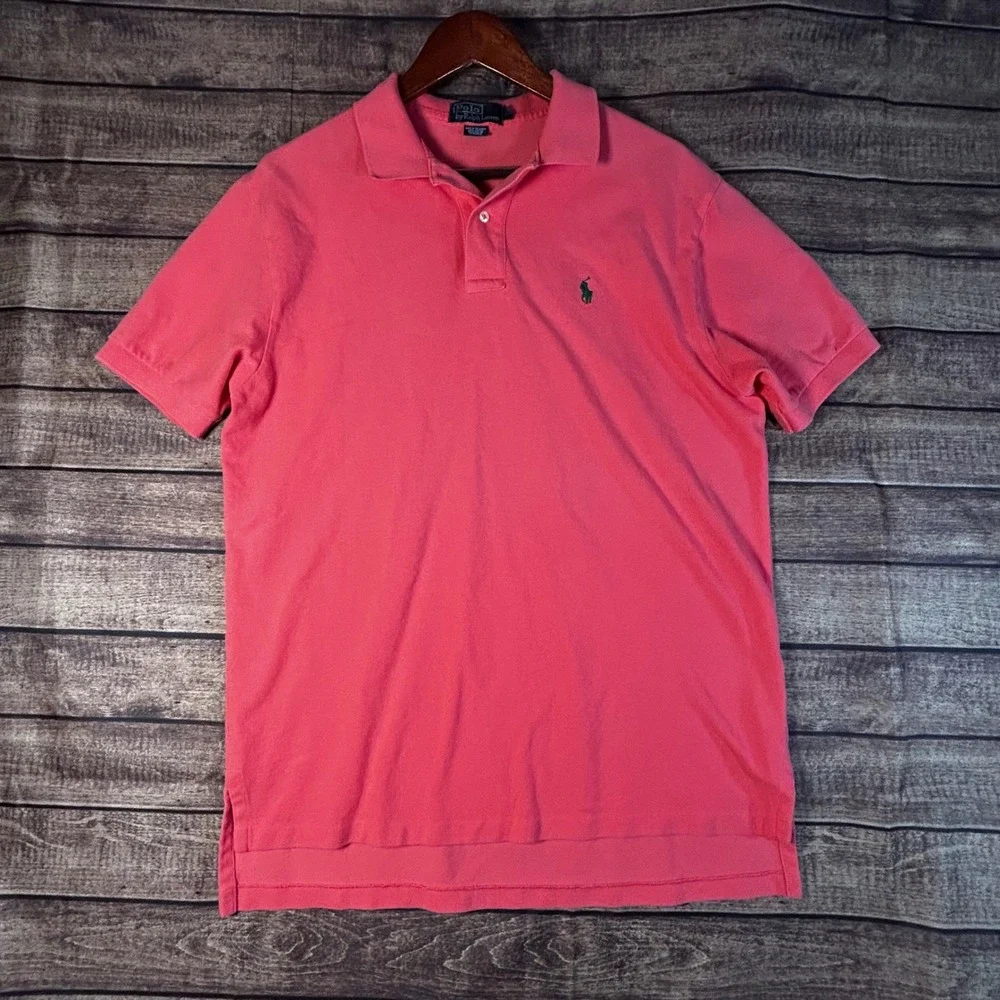 Polo Ralph Lauren Mens Coral Pink Short Sleeve Pique Polo Shirt Green Pony L