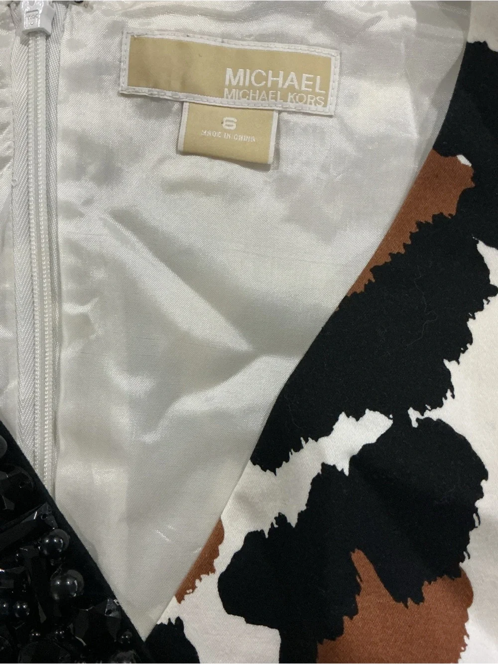 Michael Kors Sleeveless Leopard Sheath Dress in White, Black & Brown
