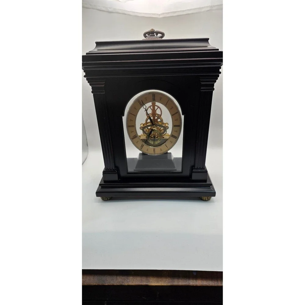 Bombay Company Skeleton Mantle Clock Dark Wood Glass Case Roman Numerals 2004
