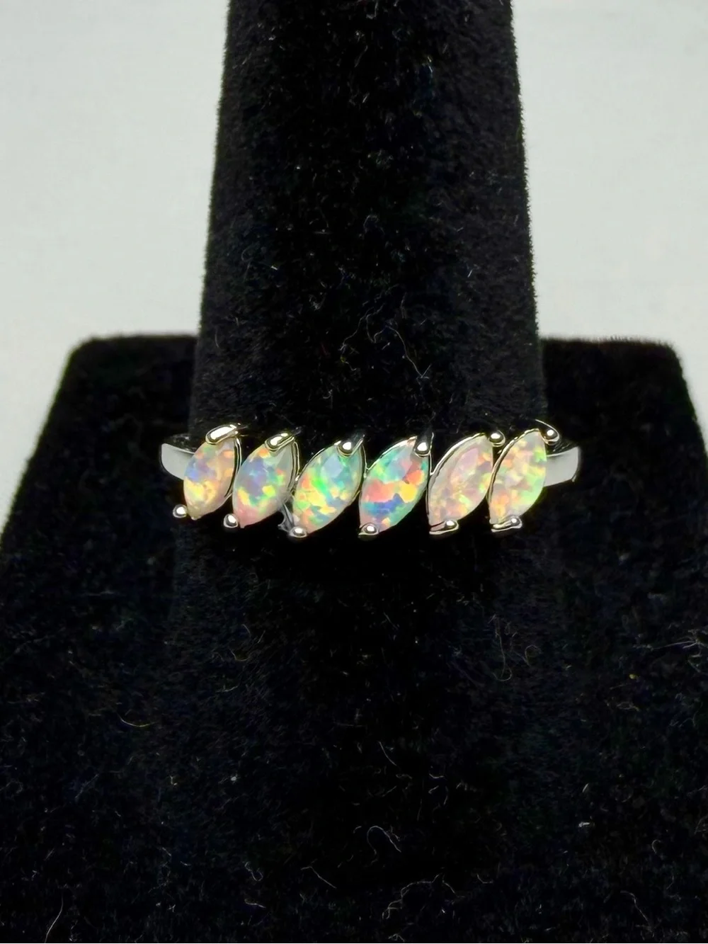 Natural Opal Ring 6 Stone Marquise White Gold Over Sterling Silver Band
