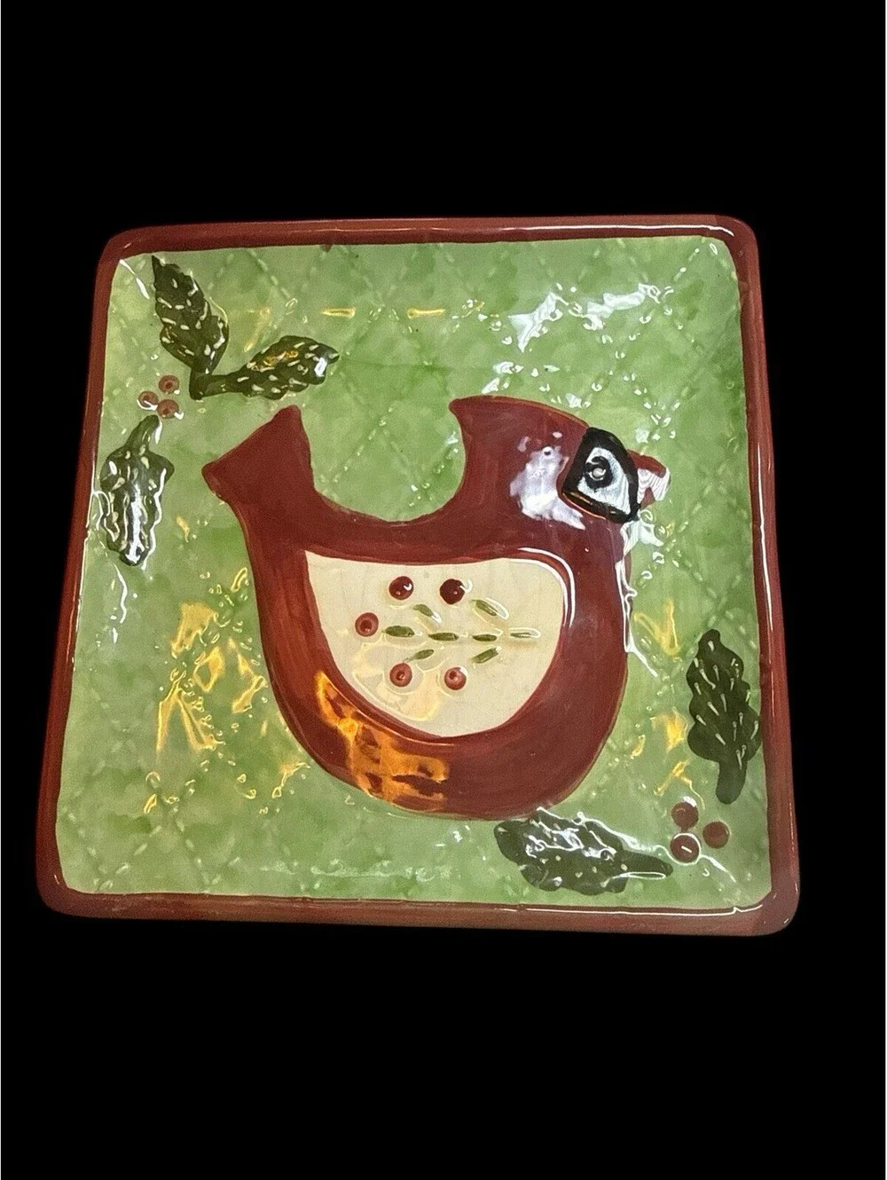 Cracker Barrel Christmas Quilt Ceramic Square Plate Cardinal/Bird Holly 6