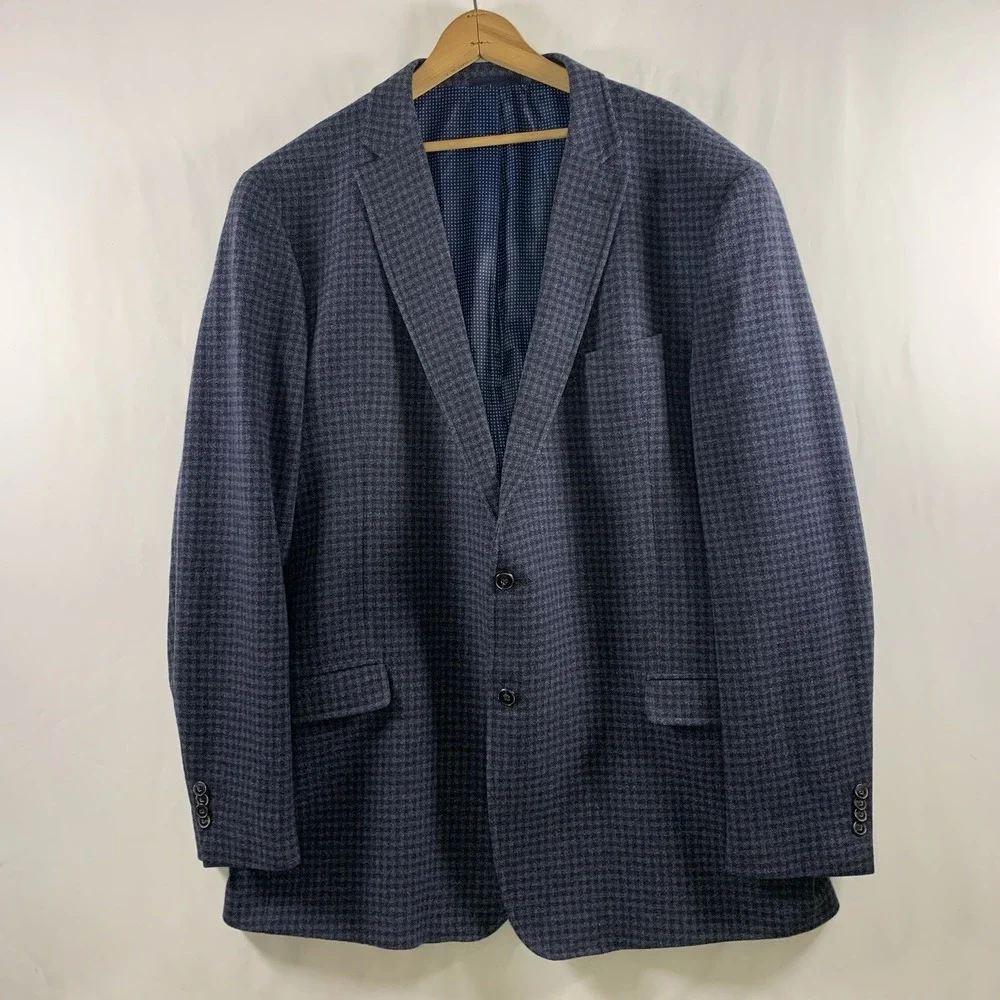 Mens Wool Micro Check Sport Coat Size 46L Blazer Blue Preppy Tailored Fit Blazer