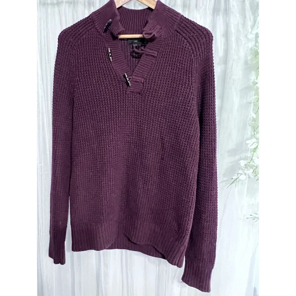 Banana Republic Mens Waffle Knit Lace Up Toggle Sweater Burgundy Plum Small