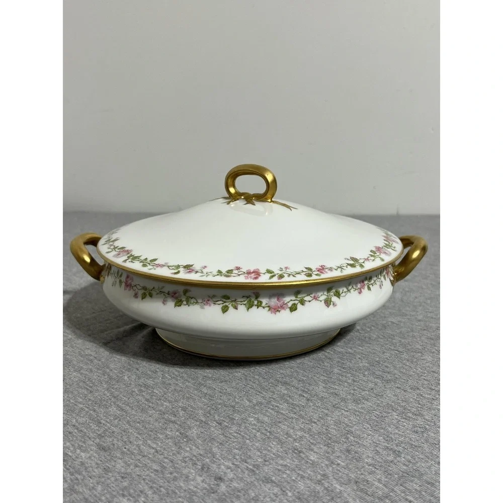 Vintage‎ Haviland Limoges France Covered Vegetable Bowl Gold Handles Pink Floral
