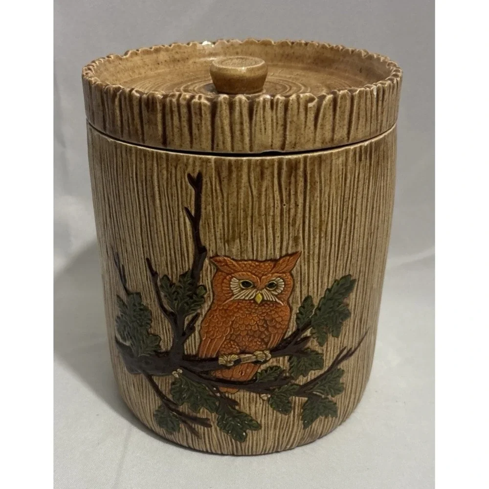 🦉Vintage Owl Ceramic Canister Brown Wood Grain ‎ 8.5