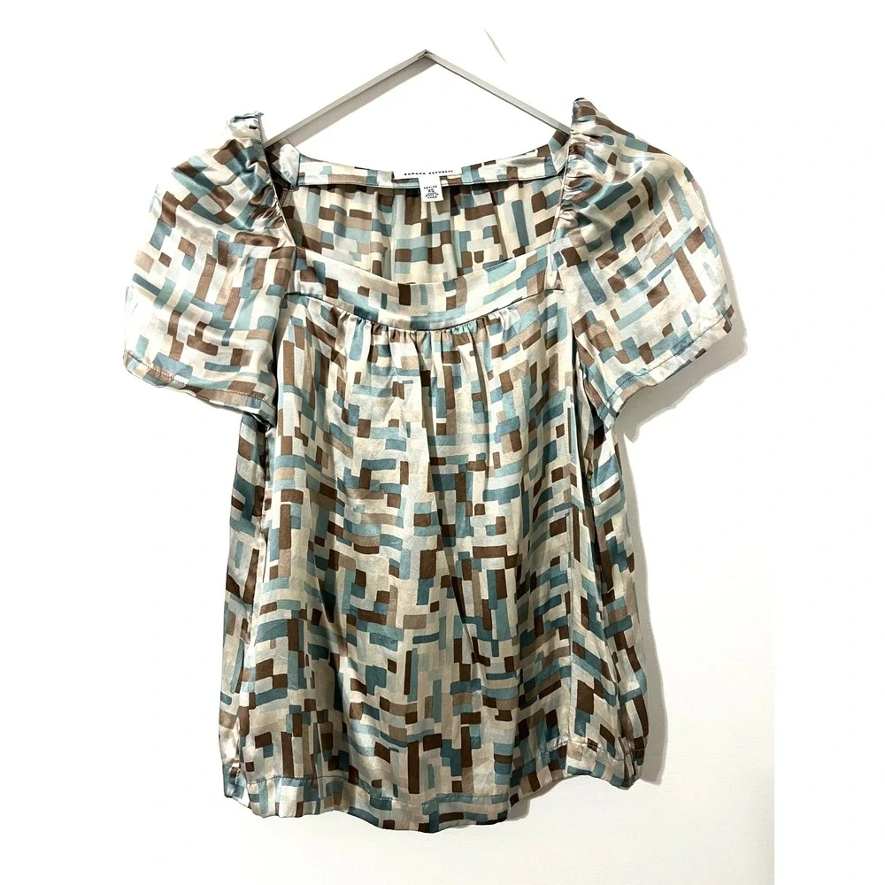 BANANA‎ REPUBLIC Brown Blue Silk Geometric Top Excellent 2010s Career Petite XS