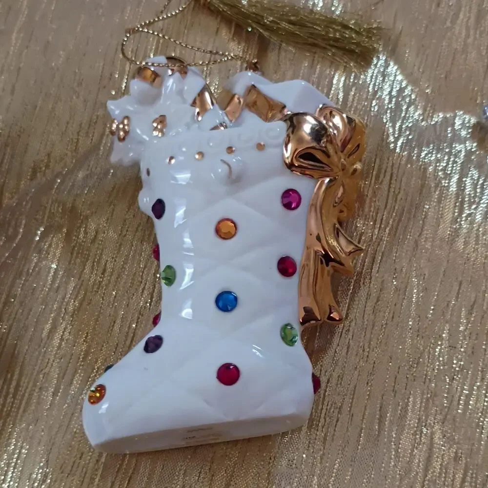 Lenox 2005 Porcelain Hanging Christmas Ornaments Set of 2, White Gold Stocking