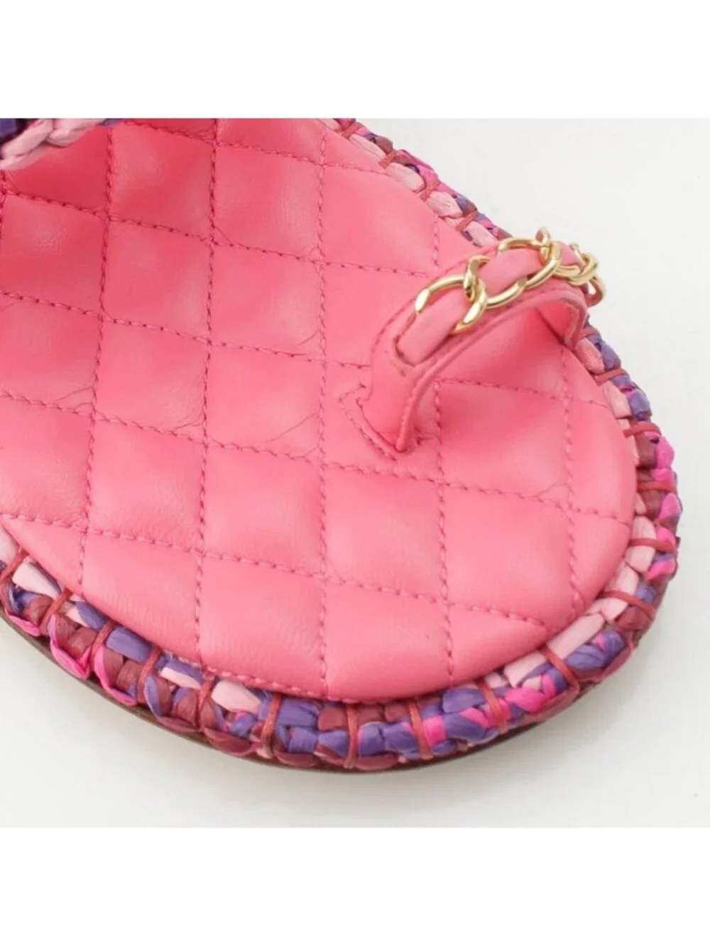 Chanel Leather Tweed CC Logo Chain Flat Sandals Pink 37C