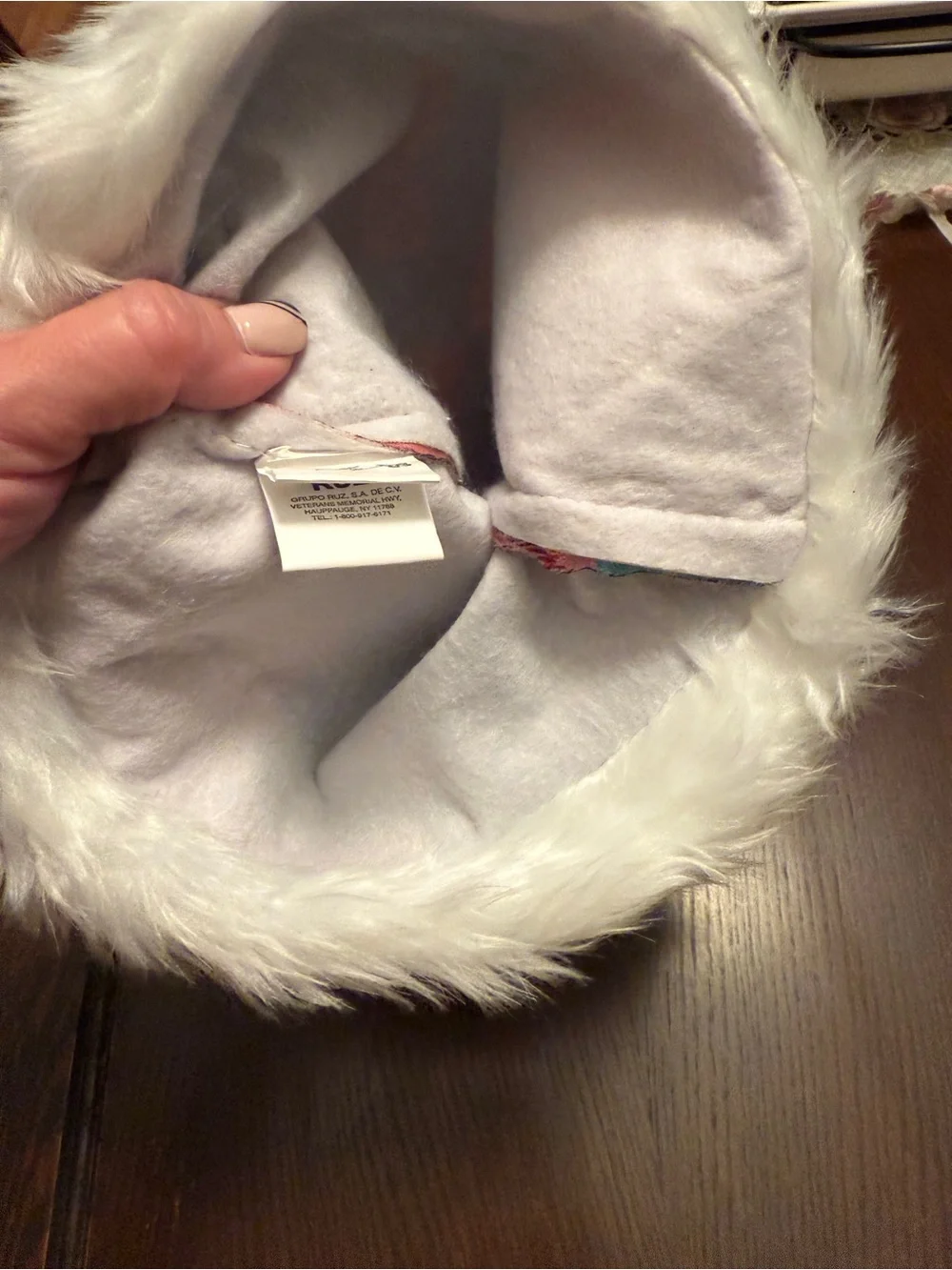 Dllly Parton Holiday Coat of Many Patchwork Santa Hat White Faux Fur Trim
