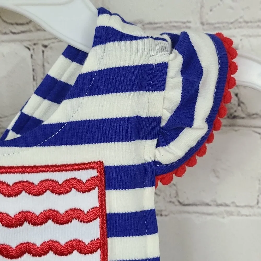 NWT Baby Girl American Flag Appliqué Striped Pom Ruffle Bubble Romper Outfit 3M