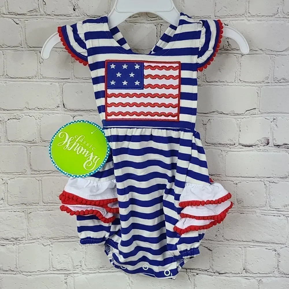 NWT Baby Girl American Flag Appliqué Striped Pom Ruffle Bubble Romper Outfit 3M