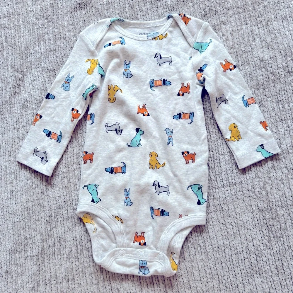 Carter’s 6M Long‎ Sleeve Dog Print Bodysuit 100% Cotton Puppy Whimsical Cute