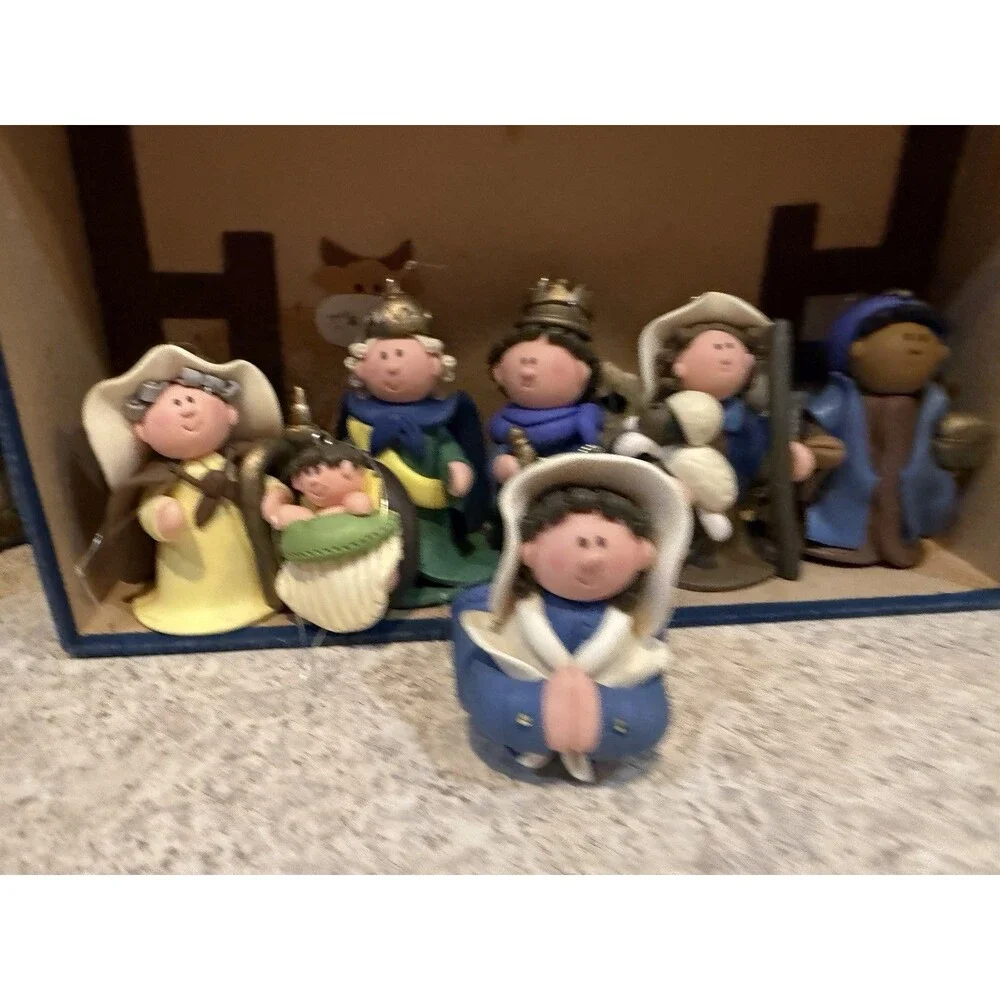 Handmade Nativity Ornament Set 7pc w/ Felt Stable Boxes Wise Men Mary BAF 2004