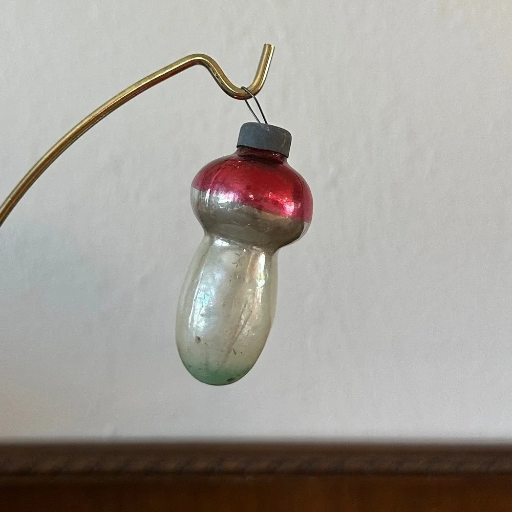 Vintage Mercury Glass Mushroom Christmas‎ Ornament Red Silver Green 3''