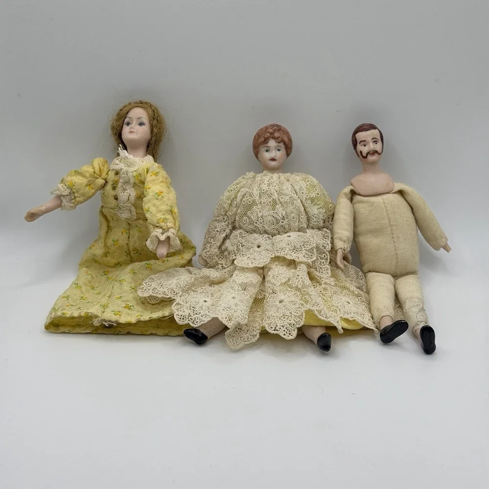 3‎ Miniature Porcelain Bisque & Fabric Dollhouse Dolls 5.75