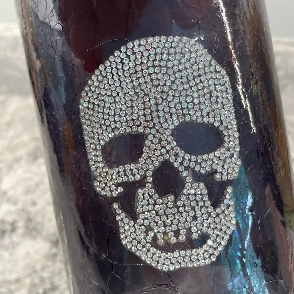 Yankee Candle Crackle Rhinestone Skull Halloween Glass Cylinder Candle Holder