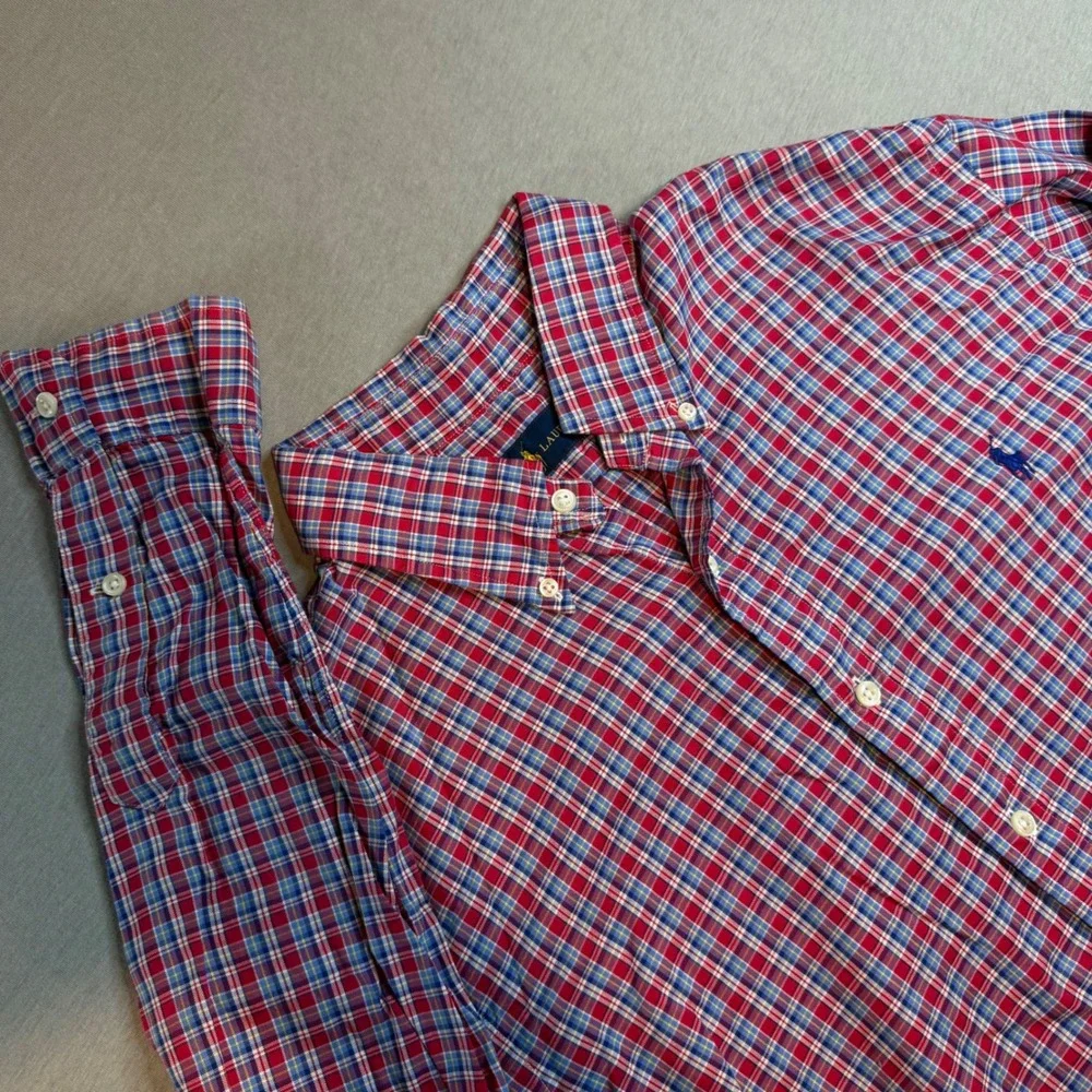 Polo Ralph Lauren‎ Mens Large Plaid Button Down Shirt Red Blue Cotton
