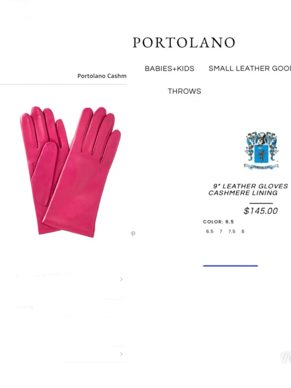 Portolano Fuchsia Pink Leather Gloves with Cashmere Lining Size 6 1/2